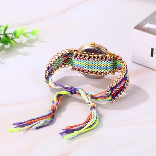 JewelryWe Zegarek damski w stylu boho, styl etno, wzór kratki okiennej, analogowy, kwarcowy, zegarek na rękę, ultracienki, luźny zegarek z kolorową regulacją, pasek z materiału, bez liczb