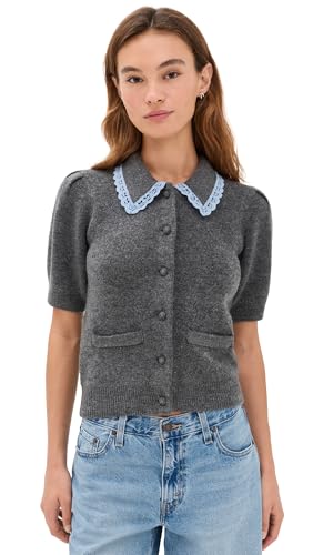 English Factory Women's Lace Trimmed Puff Sleeve Knit Cardigan