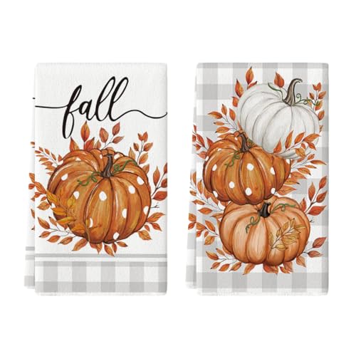Artoid Mode Orange Pumpkin Leaves Fall Kitchen Towels Set of 2 18x26 Inch