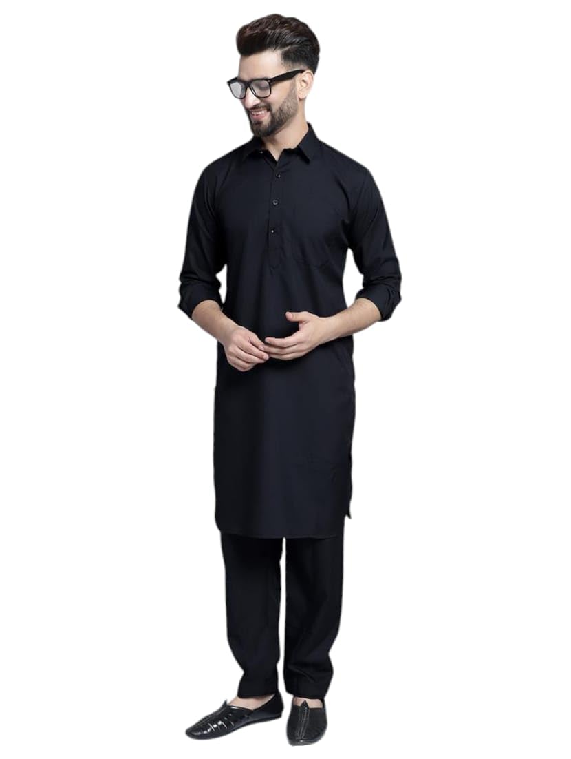 Men's Black Cotton Pathani Kurta Pyjama Set, Regular Fit, Traditional Festival Wear-picture-31