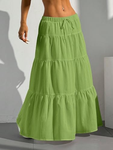 Solid Color Waist Tie Ruffle Hem A-Line Skirt Basic Women's Summer Casual Vinage Skirt3