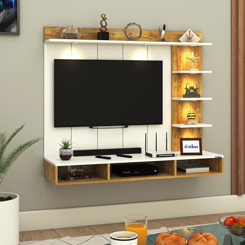 Image of Anikaa Tyron Engineered Wood Wall-Mount TV Unit with PVC Back Panel & LED Lights | TV Cabinet with Storage Box & Decorative Shelves (Gaintwood /White) | Ideal for TVs up to 55 Inch | DIY Installation