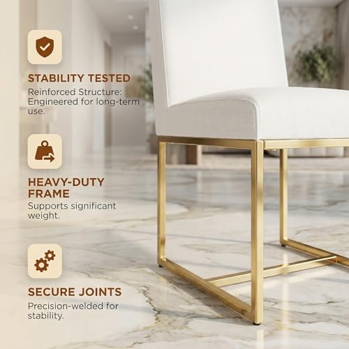 Image of HNY Modern Dining Chairs Set of 2, Upholstered Linen Dining Room Chairs with Ergonomic Back & Polished Gold Metal Frame for Home, Kitchen, Apartment, Cream