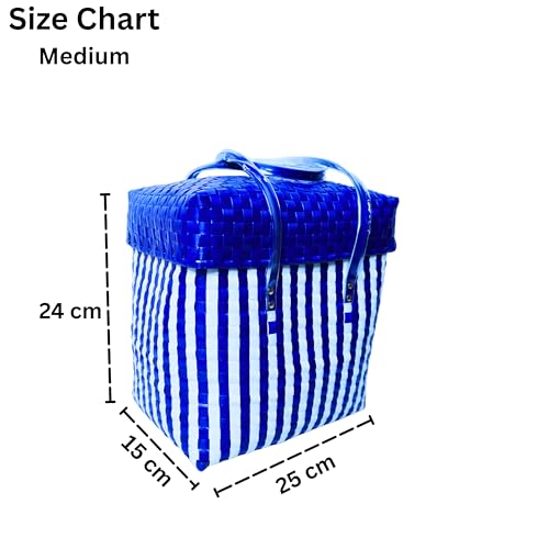 Image of Hand Made Multipurpose Plastic Basket with Lid | Eco-Friendly, Washable, Rust-Free Storage Basket for Kitchen, Picnic, Toys, Travel, Office | Lightweight basket (White with Blue, M)