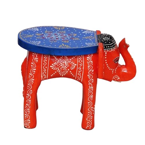 Image of Hand-Crafted and Emboss Colorful Painted Wooden Elephant Shape Stool for Home /Office /Living or Bedroom Decor,Decorative Showpiece (8 Inches Height, Orange)