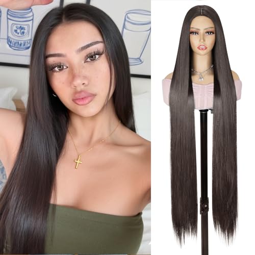 Image of Creamily Long Straight Brown Wig For Women Glueless Synthetic Wig Middle Part 40 Inches,Natural Looking Hair Wig For Woman For Cosplay Daily Wear