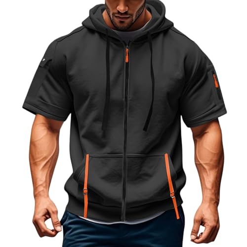 Short Sleeve Hoodies for Men with Hood Drawstrings Front Zipper Multiple Pockets Summer Hoodies for Men M-XXXL