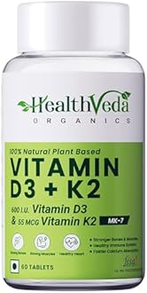 HEALTH VEDA ORGANICS PRIVATE LIMITED Vitamin D3 (600 IU) + Vitamin K2 as Mk7 (55Mcg) | 60 Veg Tablets | Supports Healthy Bones, Boosts Immune System | For Men & Women