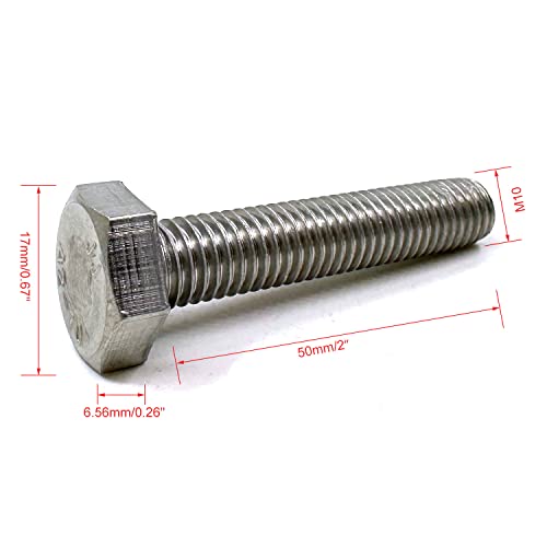 Image of M10 Hex Bolt, M10-1.5 x 50mm Hex Head Screw Bolts, 304 Stainless Steel, Fully Threaded, Plain Finish, Hex Tap Bolts 5Pcs (M10x50mm)
