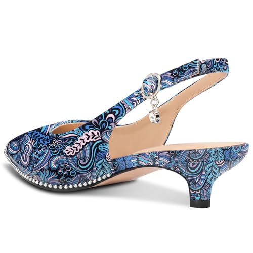 Image of TNYNFBEB Womens Low Kitten Heel Close Pointed Toe Pumps Slingback Silver Beaded Buckle Prom Party Dress Patent Leather 1.4 Inches Heels