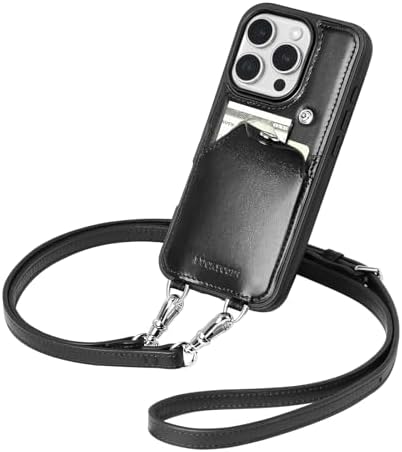 LUCKYCOIN for iPhone 16 Pro Crossbody Wallet Purse Phone Case, Genuine Leather Phone Case for Women,for iPhone Purses with Expandable Card Holder & Adjustable Removable Crossbody Strap - Black - Image 4