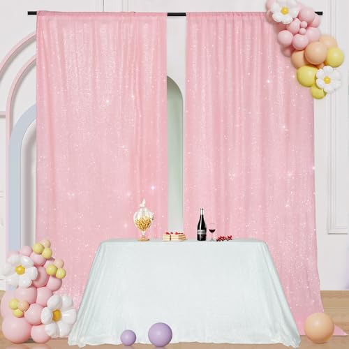 Image of PartyDelight Pink Sequin Backdrop 5x10ft 2 Panels 4 Inch Rod Pocket | Dense 3mm pink sequins on mesh backing with 4 inch rod pocket for wide reception walls head tables stages and layered event