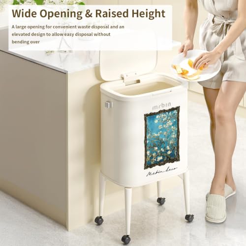 Image of MRBIN Metal Kitchen Trash Can with Wheel Legs, 36L / 9.5gal Medium Press Lid Slim Removable Waste Basket, Pet Proof Tall Narrow Garbage Pail for Vanity, Bedroom, Bathroom, Living Room, Almond Blossom