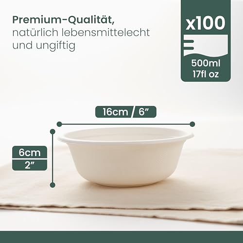 HAAGO 100 Extra Stabile Suppenschalen aus Zuckerrohr, 500ml / 17oz – Fett- & Auslaufsichere Pappschüsseln – Kompostierbar & Biologisch Abbaubar – Einwegschalen für Suppe, Eintopf, Curry, Dessert