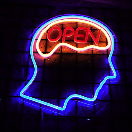 Image of Open Mind Brain Neon Signs for Wall Decor Neon Lights for Bedroom Suitable for Man Cave Bar Pub Office School Christmas Birthday Party 5V Power Adapter, 14.1 * 12.2 Inch(Blue+Warm White+Red)