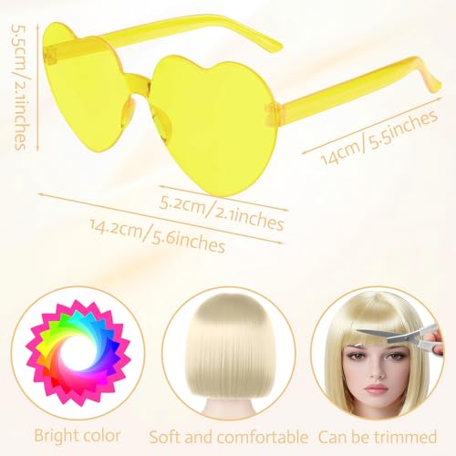 Image of MEEZY Blonde Short Bob Wigs Straight Hair with Flat Bangs Heart Sunglasses for Women, Colorful Funny Cosplay Party Neon Wig Synthetic Natural As Real Carnival Halloween Costume Party Favors