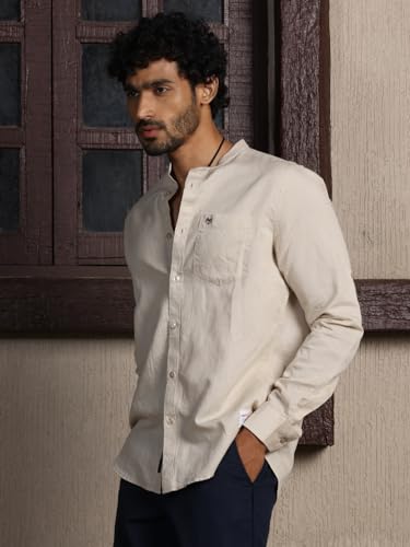 Image of Thomas Scott Men's | Solid | Full Sleeve | Slim Fit | Linen Blend | Mandarin Collar | Casual Shirt