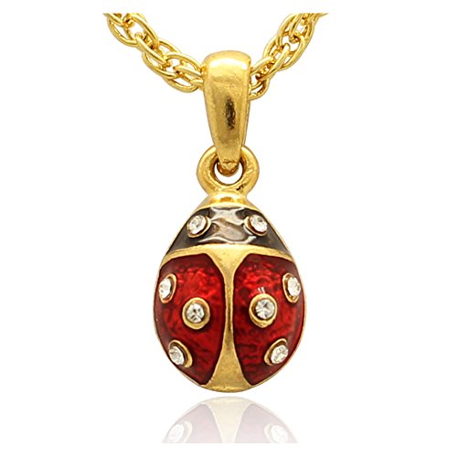 MYD Jewelry Silver or Gold Plating Mini Ladybug Faberge Style Easter Egg Pendant Necklace (gold red)