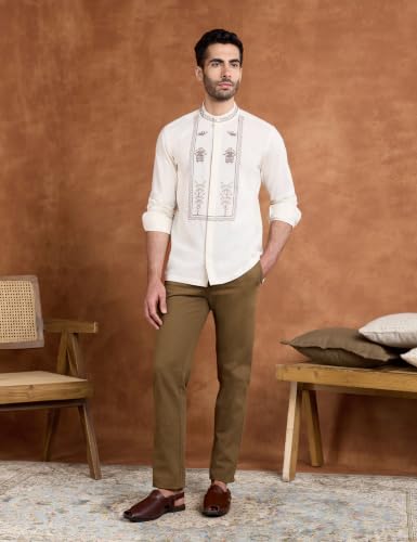 Image of Amazon Brand - Symbol Men's Cotton Blended Full Sleeve Kurta| Regular Fit | Ethnic Motif Embroidery Mandrin Collar| Front Full Open | Available in Plus Sizes