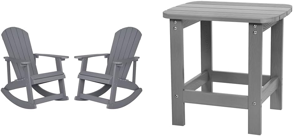 Flash Furniture Set of 2 Adirondack Rocking Chairs with Polyresin Side Table, Gray