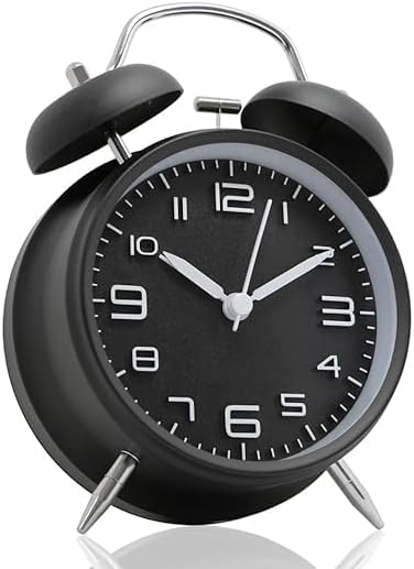Odzeni Metal Frame Retro Twin Bell 3D Dial Analog Clock with Night Backlight Function and Silent Motion, High Volume Luminous Alarm for Students Bedroom/Office (Midnight Black)
