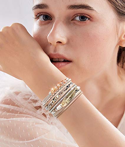 Leather Wrap Bracelet Set 3Pack Wrist Cuff Bracelet for Women Multilayer Magnetic Clasp Bracelet Feather Tree Bead Crystal Bracelet4