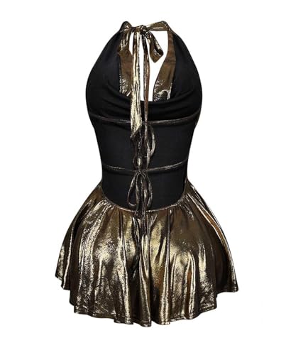 Image of Unybwonn Women Metallic Dress Sleeveless Halter Neck Backless Ruched Mini Dresses Sexy Party Club Cocktail Short Dress