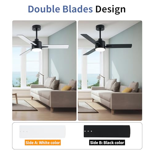 Image of LANMEL 42 Inch Metal Ceiling Fan with Light, Modern Flush Mount Low Profile with Remote Control, Reversible, 3cct Dimmable, Quiet, Black LED for Bedroom, Living Room, Indoor /Outdoor Patio Use