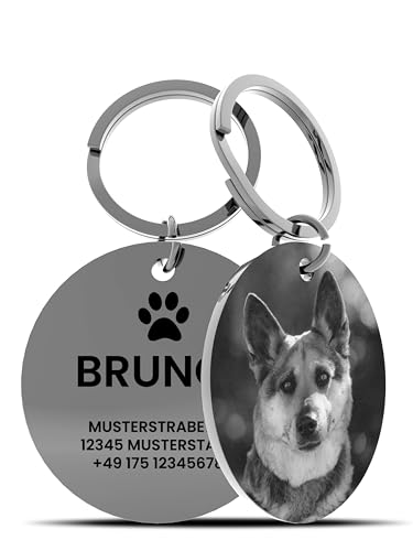 Meinearmbänder Personalisierte Hundemarke mit Foto – ⌀30mm Runder Hundeanhänger aus Edelstahl in Silber – Mit Gravur/Text oder Adresse auf der Rückseite – Robuster ID-Tag für Hunde