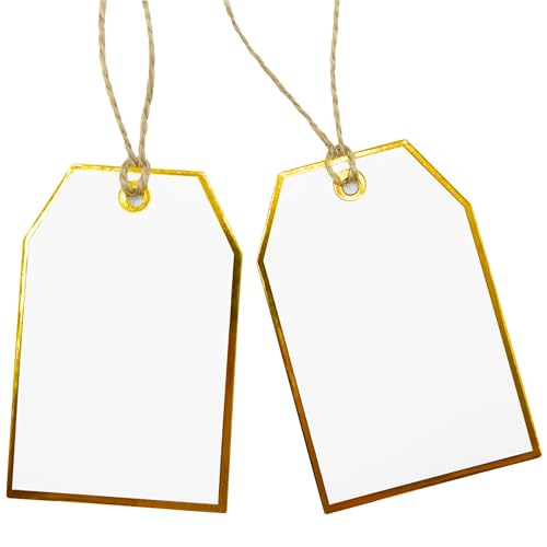 ASYEHJNR 100Pcs Gold Gift Tags with String Attached Foil Gold Frame Large White Paper Gift Tags Presents with 65 Ft Jute Twine for Christmas Holiday Baby Shower Wedding Birthday Gift Wrap Tags