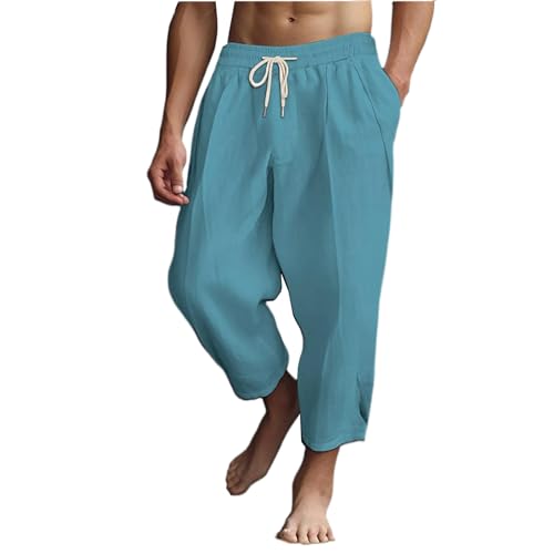 Mens Cotton Linen Harem Pants Lightweight Elastic Waist Casual Cropped Loose Fit for Beach, Yoga and Casual Wear