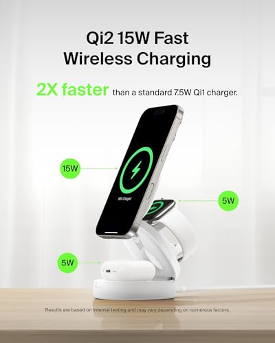 Belkin MagSafe-Compatible Charger, 3-in-1 Convertible Wireless Charging Station, Qi2-Certified 15W Wireless Charger for iPhone 17, Air, Apple Watch, AirPods, Pixelsnap, 36W Plug Included - White