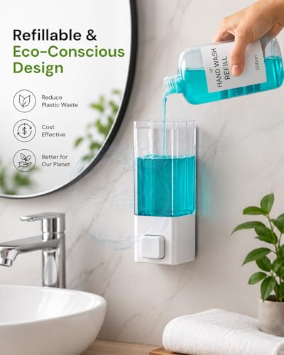Image of BATH GURU Wall Mounted Soap Dispenser Pack of 4, 350ml, ABS Plastic Refillable Hand Wash, Shampoo, Conditioner & Sanitizer Dispenser, Manual Liquid Soap Dispenser for Bathroom, Kitchen, Clear White