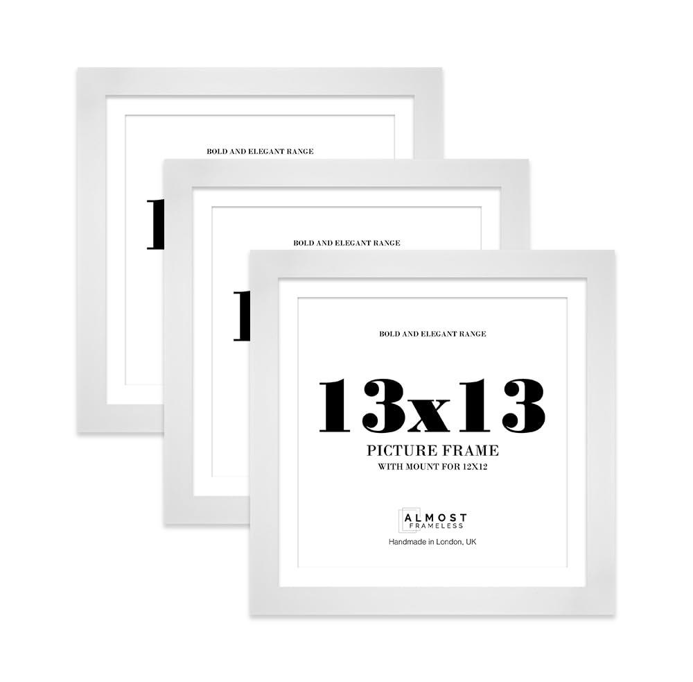 13x13" White Square Frame With Mount for 12x12" Pictures 28mm Edge Frame Display with Wall Hooks, 3 Pack