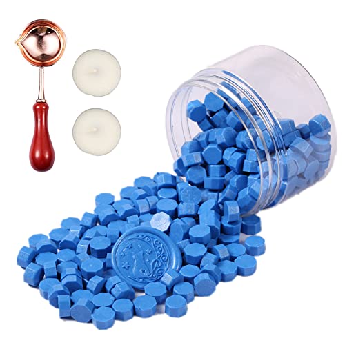 Comealltime Juego de 248 piezas de cera para sellar octogonales con 2 velas de té y 1 cuchara de derretimiento, barniz para sellos de cera (azul de lago)