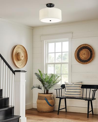 Image of Semi Flush Mount Ceiling Light, 3-Light 12.5 inch Matte Black Ceiling Light Fixture with White Pleated Fabric Shade, Drum Lamp for Nursery Hallway Bedroom Kitchen, AD-25036-3SF-BK