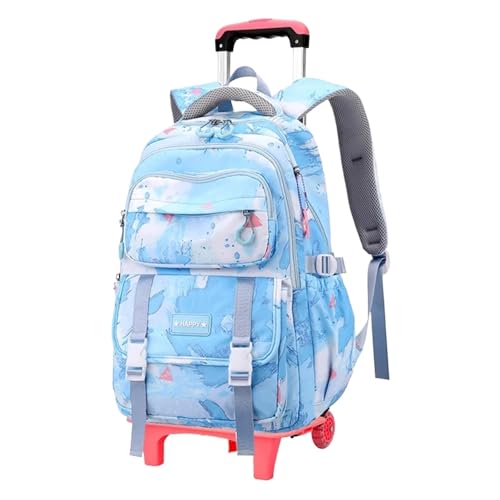 Sac à dos d'école pour filles trolley de voyage 2 roues bleu ciel