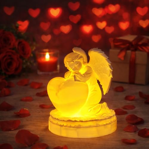 Image of Angel Holding Heart Lamp with LED Tealight | 3D Printed Decorative Showpiece for Valentine Decor, Romantic Gifting & Home Display