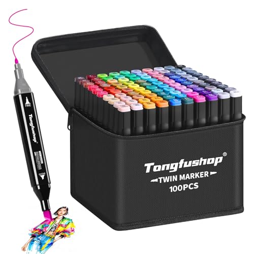 Tongfushop Feutre Alcool, 100 Couleurs Feutre a Alcool Pointe Double, 2S Séchage Rapide Marqueur avec Pochette de Transport et Espaceur, Feutres Coloriage Adulte pour Croquis Coloriage Calligraphie