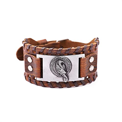 HAQUIL Viking Bracelet for Men, Raven of Odin Talisman, Nordic Brown Wide Leather Wristband, Viking Jewelry Gifts for Men