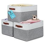 OrganiHaus Large Fabric Storage Baskets for Shelves 3 Pack, 15x11in Closet Storage Bins for Shelves, Canvas Baskets for Organizing, Linen Closet Organizers, Cloth Basket, Gray/Off-White