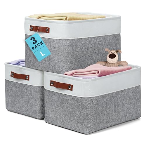 Image of OrganiHaus 15x11in Canvas Storage Baskets 3 Pack | LARGE Fabric Bins for Shelves | Closet & Bedroom Storage | Gray/Off-White