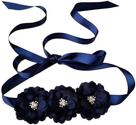 Oyabridal Flower Girl Sash Belt for Dresses Bride/Bridesmaid Sash Belts Flower Pearls Sashes for Wedding Dress (Navy)