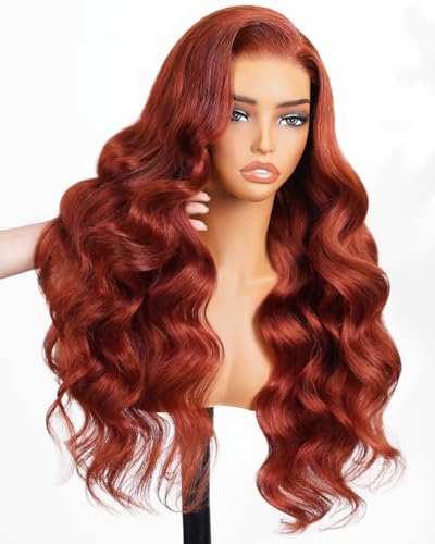 Image of Arabella Reddish Brown 5x6 Wear and Go Glueless Wigs Auburn Human Hair Pre Plucked Pre Cut Body Wave 230% Density Color Lace Front Wigs Human Hair for Black Women Bleached Knots 24 inch