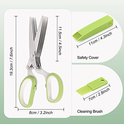 Herb scissors, Multipurpose Cutting Shears with 5 Blade Kitchen Salad Scissors, Safety Cover and Cleaning Comb for Chopping Cilantro Onion Basil Chive Parsley, Green