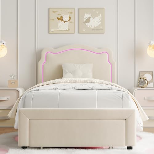 Image of GarveeHome Twin Upholstered Smart LED Bed Frame with Headboard, Velvet Princess Platform Bed Frame for Kids, Wooden Slats Support, No Box Spring Needed (Beige)