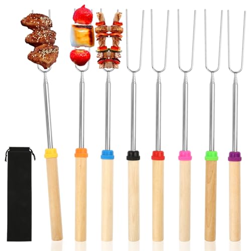 Grillspieße Edelstahl 8 Stück，Teleskop Stockbrot Spieße mit Isolierten Griffen, 31-81cm Lagerfeuer Spieße Lang,für Camping Grill BBQ Gartenparty
