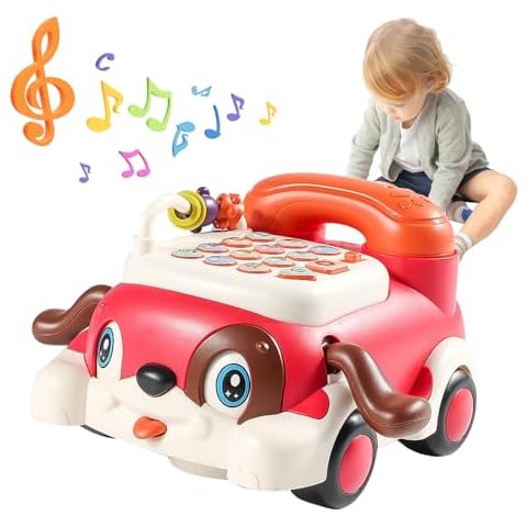 Puppy Baby Phone Toy - Music Toy, Piano Game, Pretend Phone, Kids Cell Phone with Light, Parent-Child Interactive Toy, Early Learning, Play Talk Telephone for Toddlers, Boys, Girls (Red) Cover