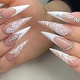 Stiletto Press on Nails Long, 3D Rhinestones French False Nails Tips Acrylic Nails with White Rose Flowers Diamond Design Glossy Full Cover Fake Nail for Women and Girls 24Pcs