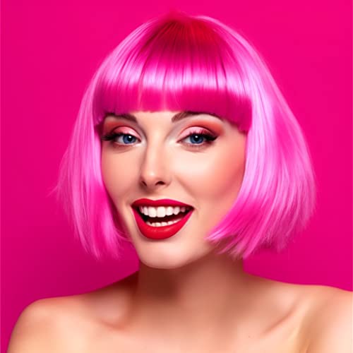 short bob hair wigs straight with flat bangs synthetic colorful cosplay daily party neon wig for women  free wig cap 1434 natural as real